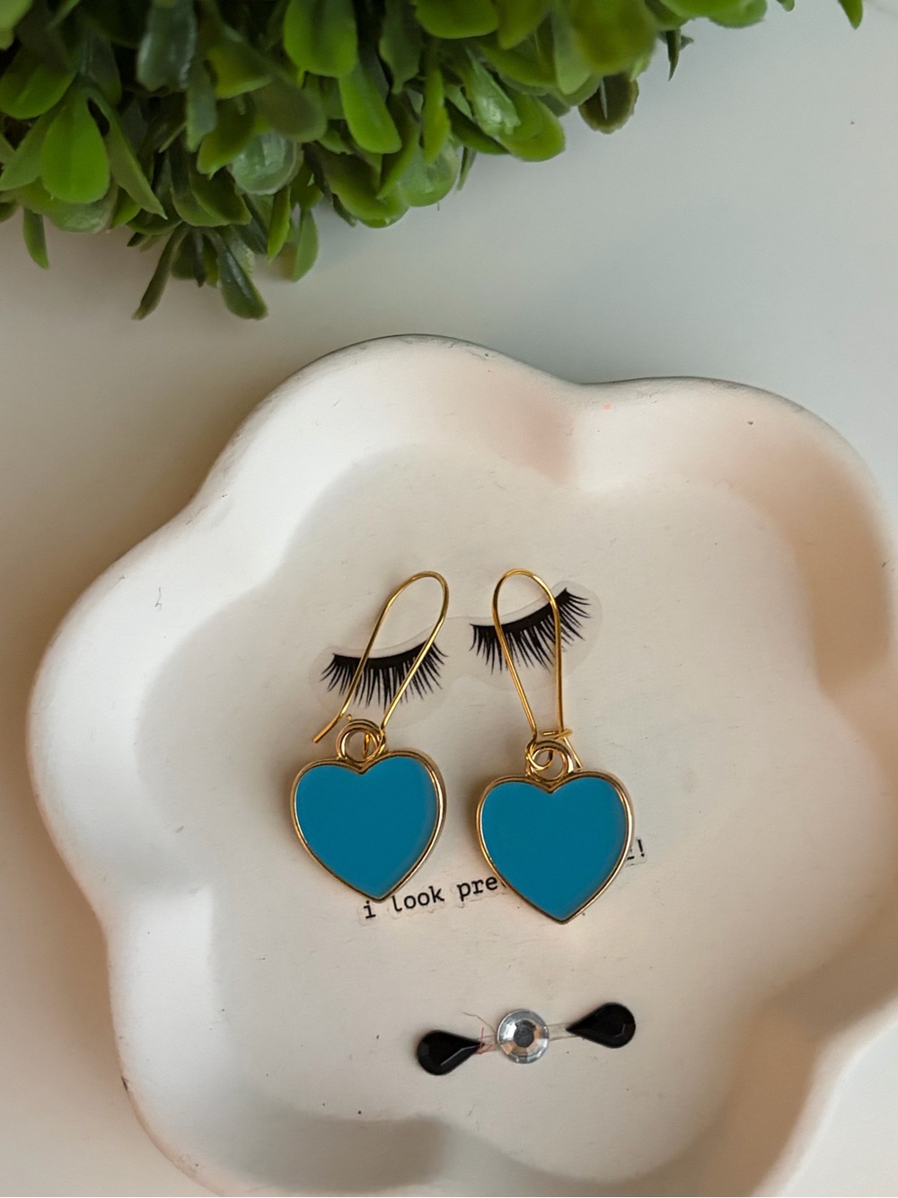 Gold Heart Drop Earrings with Turquoise Enamel